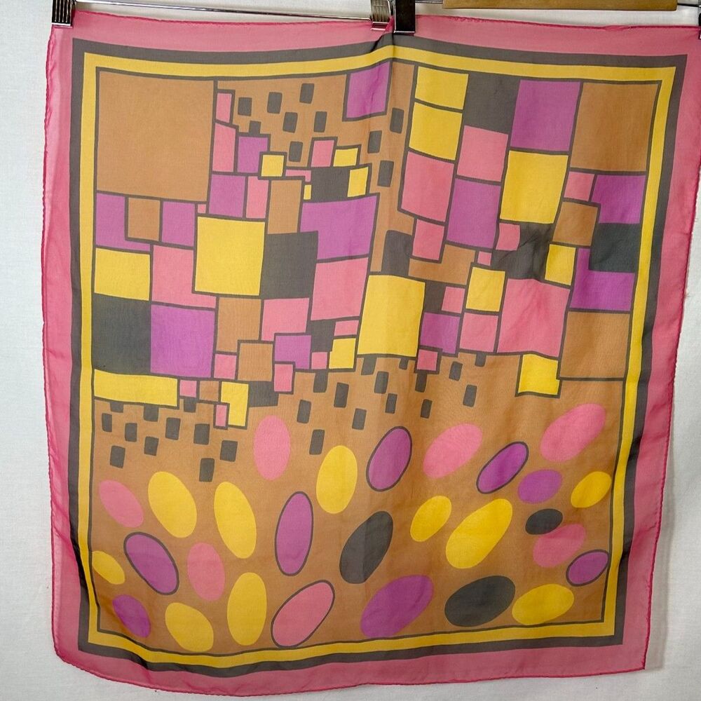 Vintage 60s Pink Black Gold Square Circle Geometric Print Sheer 25" Square Scarf